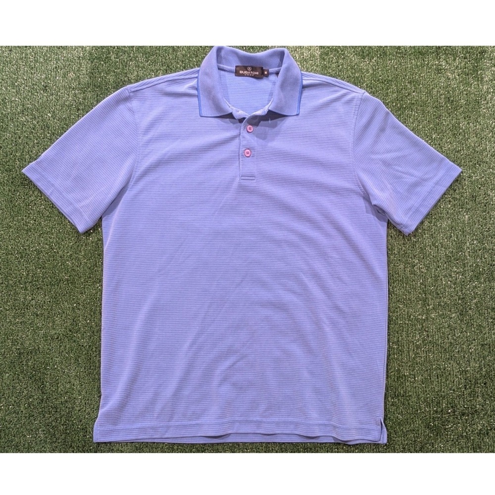 Bugatchi Uomo Mens Blue Ribbed Short Sleeve Polo Shirt Pink Buttons Size Medium